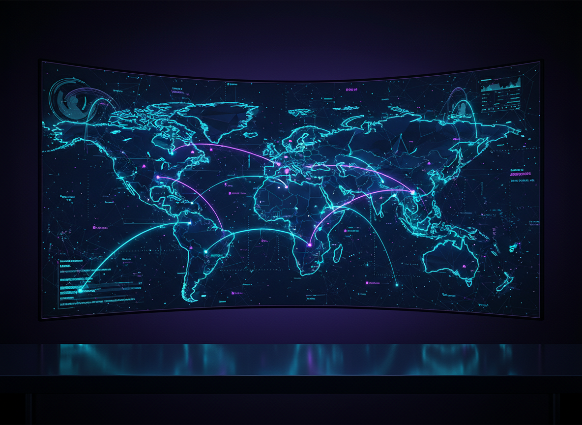 Stylized world map with glowing connection points representing global quiz participants